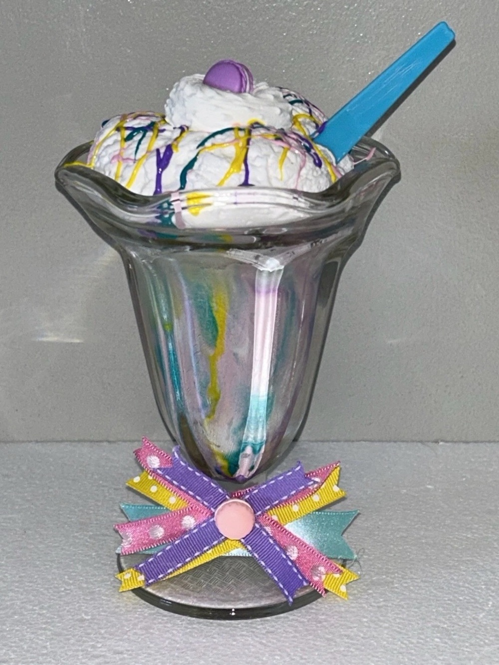 Pastel Ribbon Fake Ice Cream Sundae in Glass with Blue Spoon - Handmade